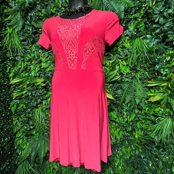 NINA PIU Dress Women Large Coral Pink Lace Fit Flare Skater Stretch 1297 - Picture 4 of 8